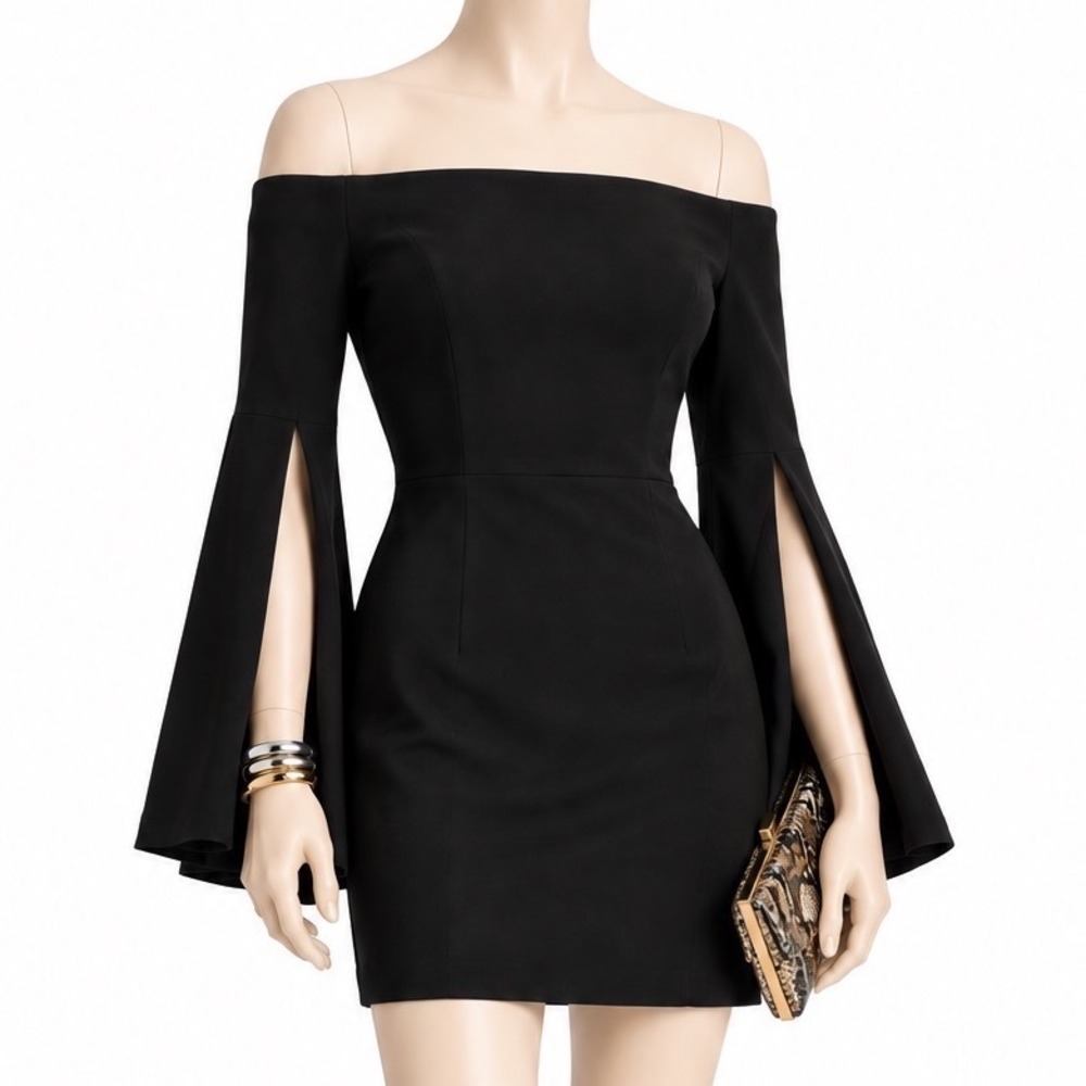 CINQ À SEPT Black Off Shoulder Extreme Slit Bell Sleeve Bodycon Dress | Sz S